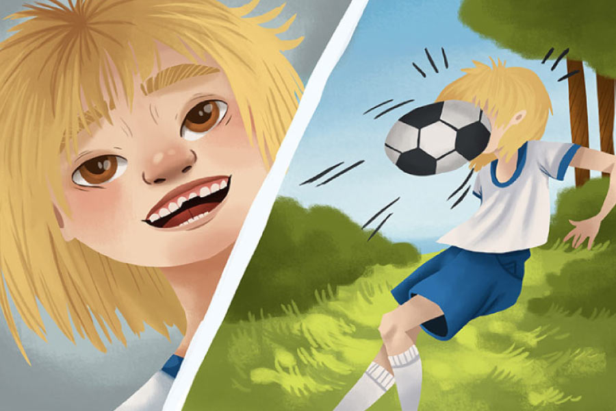 Cartoon of a child with a chipped tooth after getting a soccer ball in the face.