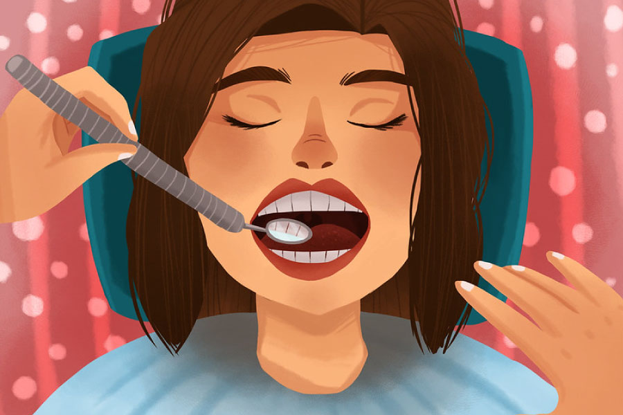 Cartoon of a woman getting a dental exam.