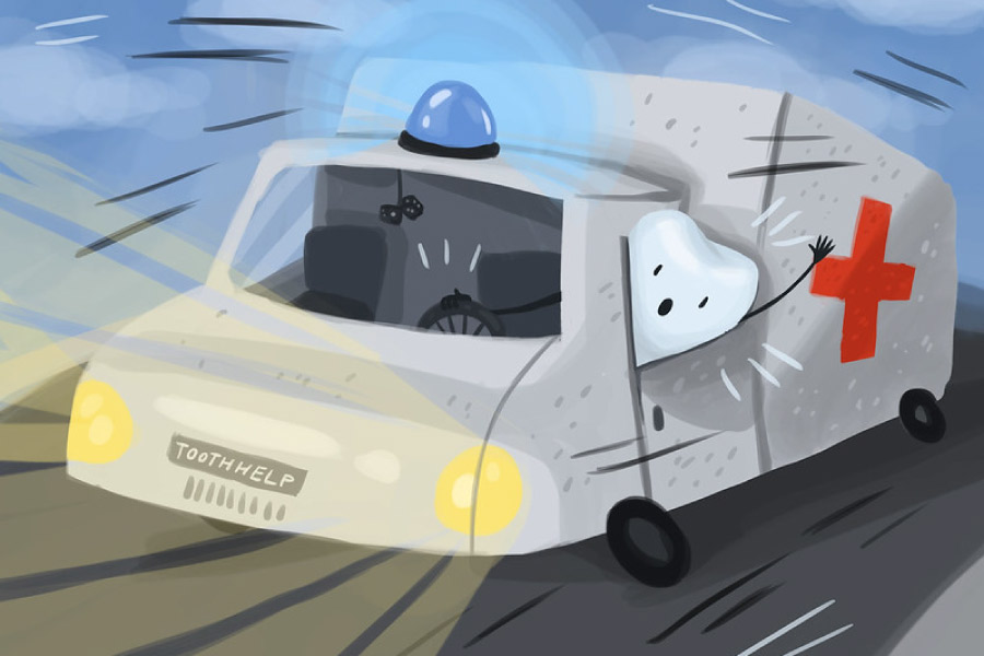 Cartoon of a tooth driving an ambulance.