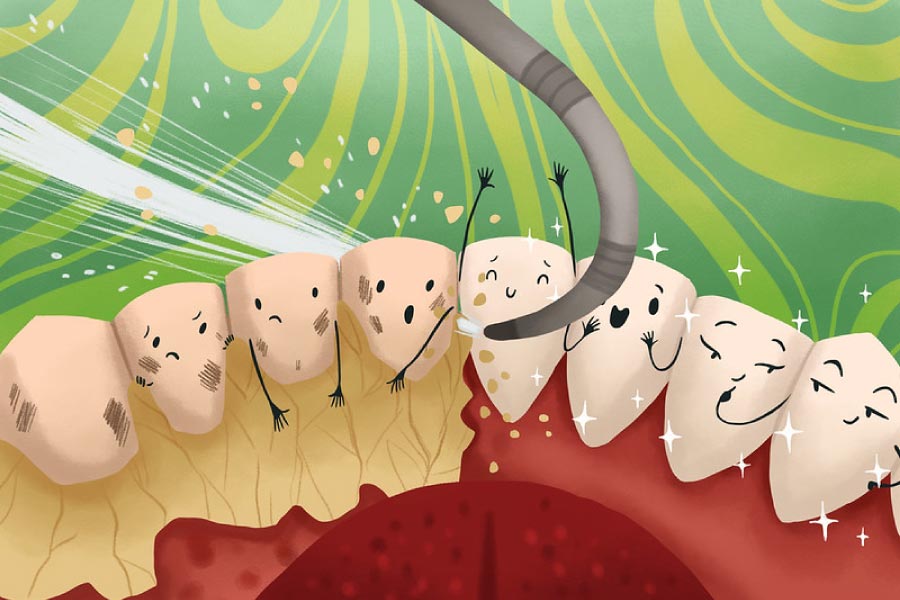 Cartoon of happy teeth getting cleaned.