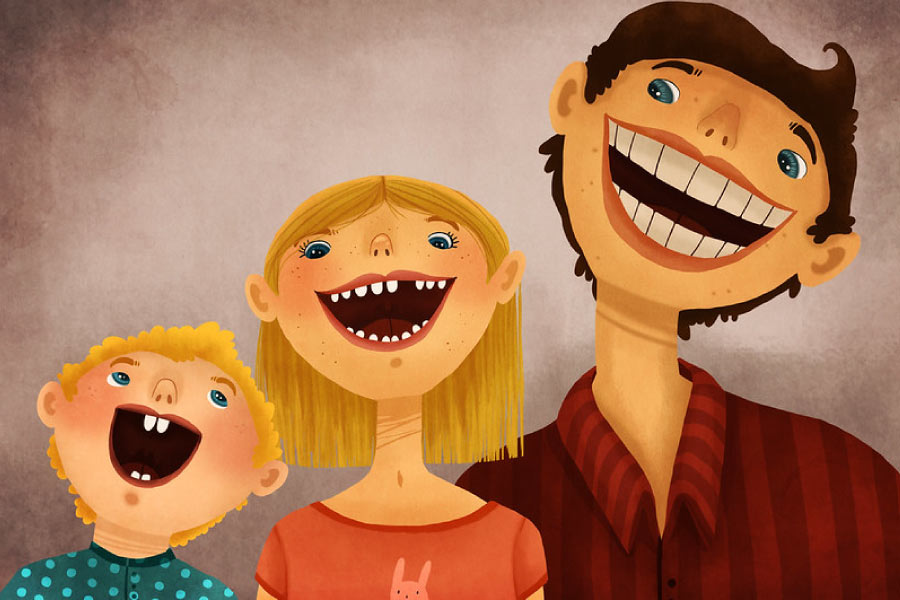 Cartoon of three kids from a toddler to a teen showing growing smiles.