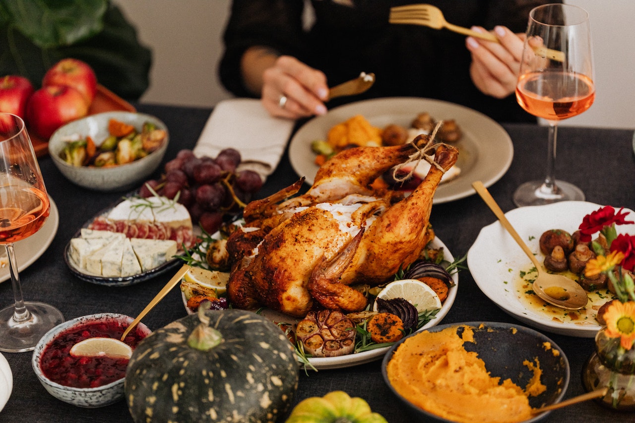 closeup of the food that a family is eating for their Thanksgiving dinner