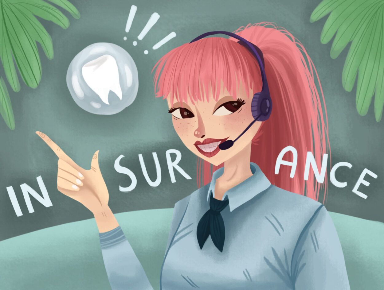 Illustration of red-haired woman helping patients with their dental insurance
