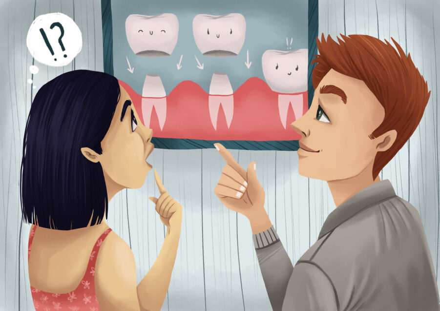 graphic illustration of woman discussing dental crowns, dental crown replacement with dentist, dental provider.